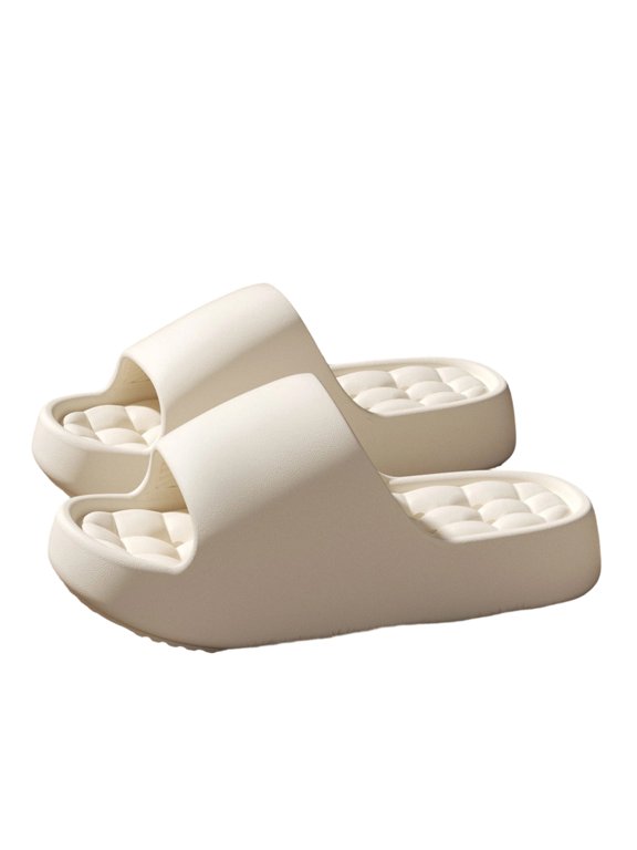 Women's Cloud Slides Pillow Slippers, Thick Sole EVA Shower Slides with Drainage Holes, Non-Slip Quick Dry Bathroom Sandals for Home Beach Pool Indoor Outdoor (Beige, 40)