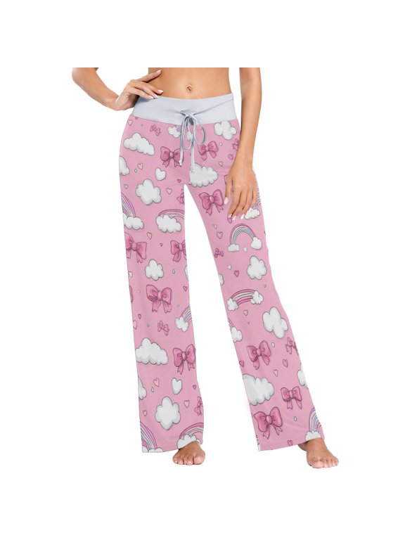Women's Clouds Love Rainbow Bow Comfy Stretch Wide Leg Pajama Pants, Drawstring Waist Casual Lounge Pants