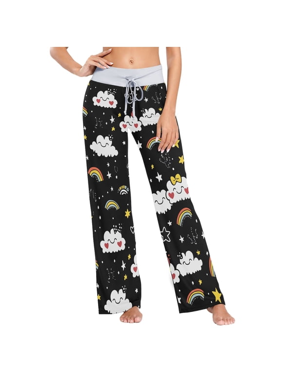 Women's Clouds Rainbow Comfy Stretch Wide Leg Pajama Pants, Drawstring Waist Casual Lounge Pants