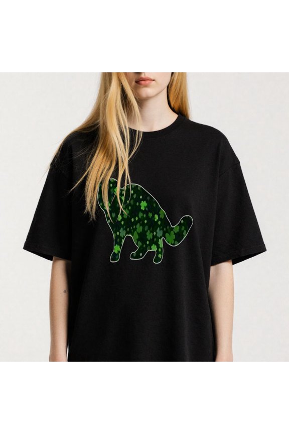 Women's Clover Patterned Cat Silhouette Graphic Tee S-4XL Mother's Day Gift