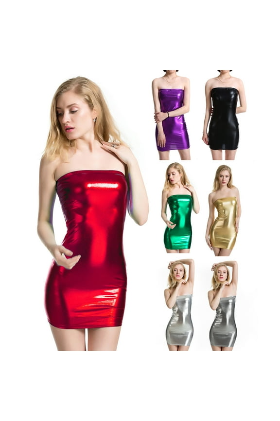 Women's Club Dress Faux Leather Strapless Mini Dress Slim Sleeveless Night Club Party Bodycon Dress