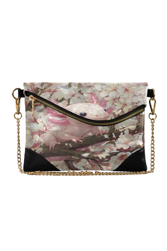 Women's Clutch Bag PU Leather Convertible Wristlet Crossbody 8.6x6.3in with Magnetic Flap Axolotl Cherry Blossom