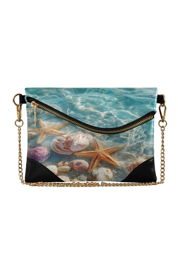 Women's Clutch Bag PU Leather Convertible Wristlet Crossbody 8.6x6.3in with Magnetic Flap Beautiful Starfish and Seashells
