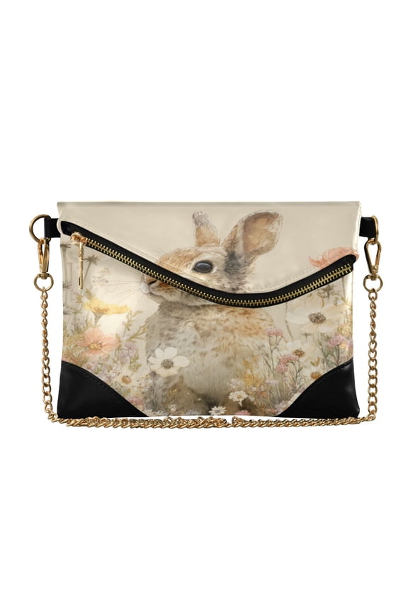 Women's Clutch Bag PU Leather Convertible Wristlet Crossbody 8.6x6.3in with Magnetic Flap Flowers Rabbit