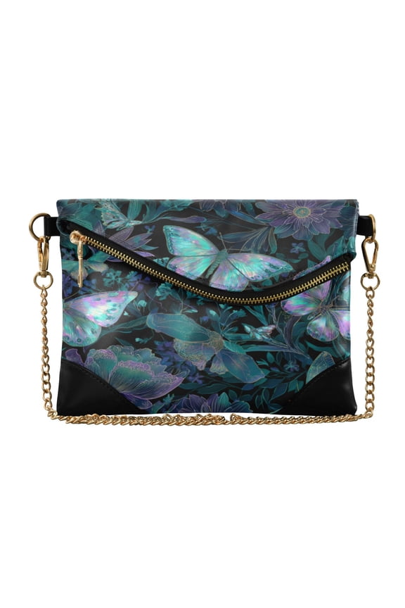 Women's Clutch Bag PU Leather Convertible Wristlet Crossbody 8.6x6.3in with Magnetic Flap Fluorescent Blue Butterfly