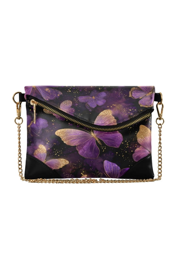 Women's Clutch Bag PU Leather Convertible Wristlet Crossbody 8.6x6.3in with Magnetic Flap Glowing Purple Butterfly
