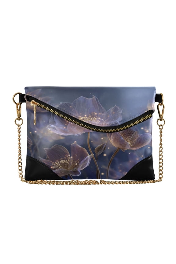 Women's Clutch Bag PU Leather Convertible Wristlet Crossbody 8.6x6.3in with Magnetic Flap Transparent Purple Flowers