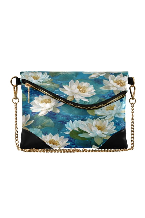 Women's Clutch Bag PU Leather Convertible Wristlet Crossbody 8.6x6.3in with Magnetic Flap White Water Lilies Float