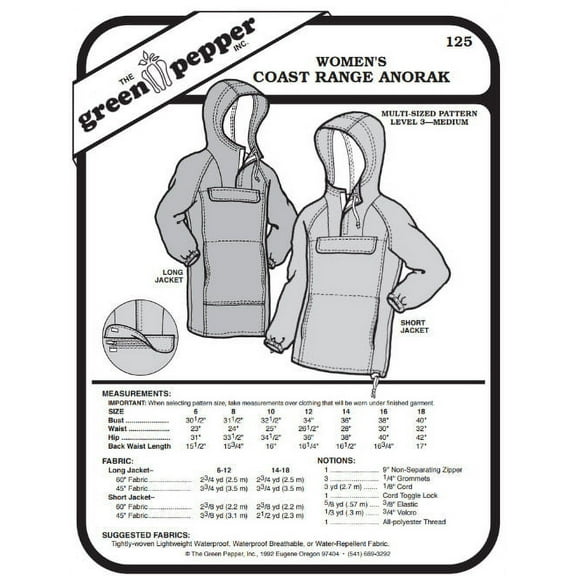 Women's Coast Range Anorak Coat Jacket #125 Sewing Pattern (Pattern Only)