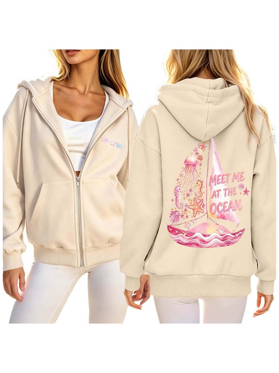 Women's Coastal Paradise Hoodie Full Zip Up Long Sleeve Jungle Tree Print Pullover Hooded Sweatshirt Jacket