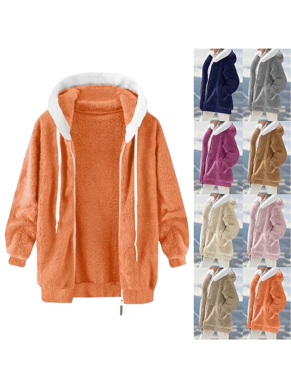 Women's Coat Casual Lapel Fleece Fuzzy Faux Shearling Zipper Coats Women's Solid Color Zipper Pocket Hooded Ear Loose Jacket Long Sleeved Hooded Casual Jacket/jacket Orange XXL