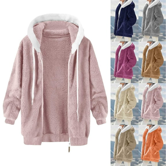 Women's Coat Casual Lapel Fleece Fuzzy Faux Shearling Zipper Coats Women's Solid Color Zipper Pocket Hooded Ear Loose Jacket Long Sleeved Hooded Casual Jacket/jacket Pink S