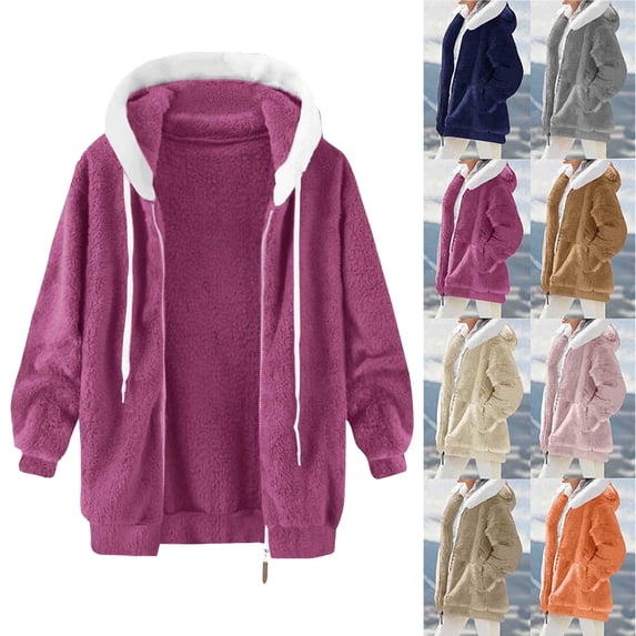 Women's Coat Casual Lapel Fleece Fuzzy Faux Shearling Zipper Coats Women's Solid Color Zipper Pocket Hooded Ear Loose Jacket Long Sleeved Hooded Casual Jacket/jacket Hot Pink M