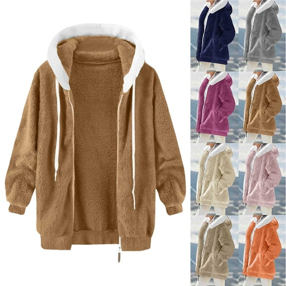 Women's Coat Casual Lapel Fleece Fuzzy Faux Shearling Zipper Coats Women's Solid Color Zipper Pocket Hooded Ear Loose Jacket Long Sleeved Hooded Casual Jacket/jacket Brown XXL