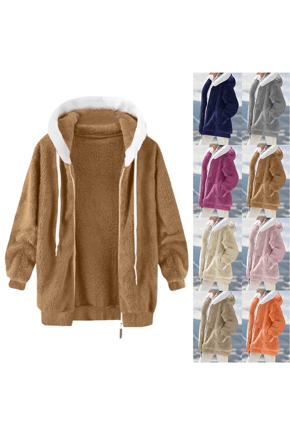 Women's Coat Casual Lapel Fleece Fuzzy Faux Shearling Zipper Coats Women's Solid Color Zipper Pocket Hooded Ear Loose Jacket Long Sleeved Hooded Casual Jacket/jacket Brown XXL