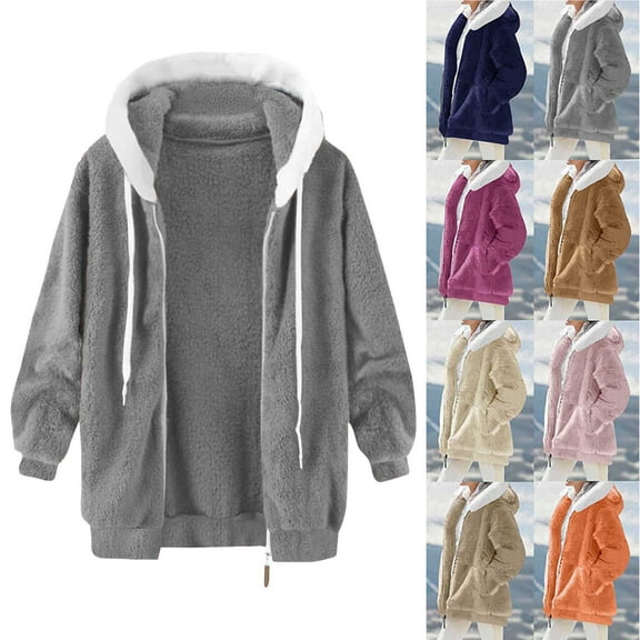 Women's Coat Casual Lapel Fleece Fuzzy Faux Shearling Zipper Coats Women's Solid Color Zipper Pocket Hooded Ear Loose Jacket Long Sleeved Hooded Casual Jacket/jacket Gray M
