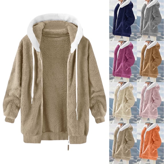 Women's Coat Casual Lapel Fleece Fuzzy Faux Shearling Zipper Coats Women's Solid Color Zipper Pocket Hooded Ear Loose Jacket Long Sleeved Hooded Casual Jacket/jacket Khaki XL