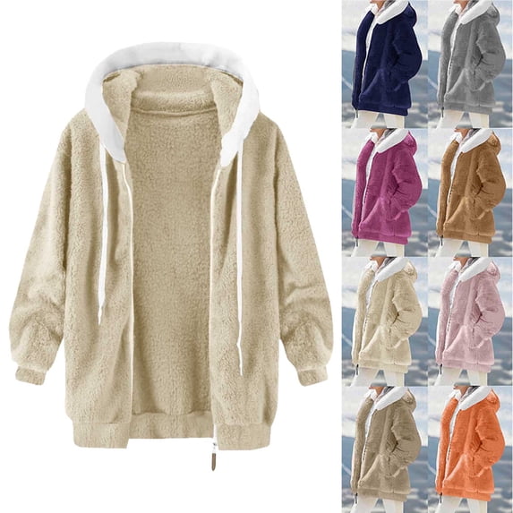 Women's Coat Casual Lapel Fleece Fuzzy Faux Shearling Zipper Coats Women's Solid Color Zipper Pocket Hooded Ear Loose Jacket Long Sleeved Hooded Casual Jacket/jacket Beige M