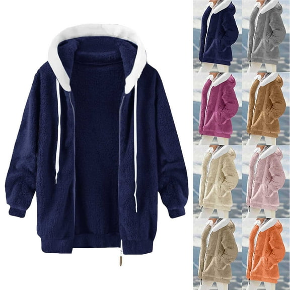 Women's Coat Casual Lapel Fleece Fuzzy Faux Shearling Zipper Coats Women's Solid Color Zipper Pocket Hooded Ear Loose Jacket Long Sleeved Hooded Casual Jacket/jacket Purple S