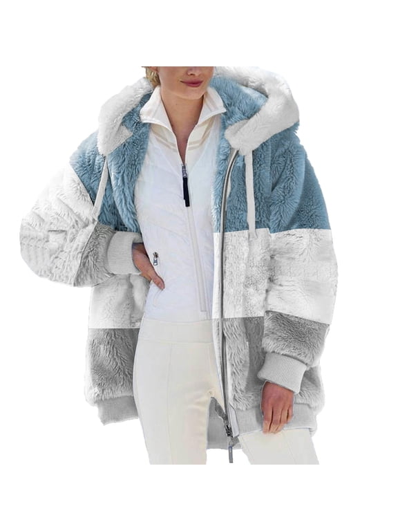 Women's Coat Contrasting Lamb Wool Padded Overcoat Fluffy Zip Up Hooded Jacket Fleece Winter Warm Outwear