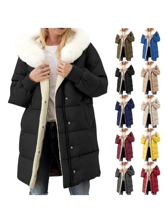 Women's Coat Packable Lightweight Full-Zip and Button Puffer Jacket with Hood Oversized Quilted Winter Mid-Length Warm Pockets Parka.