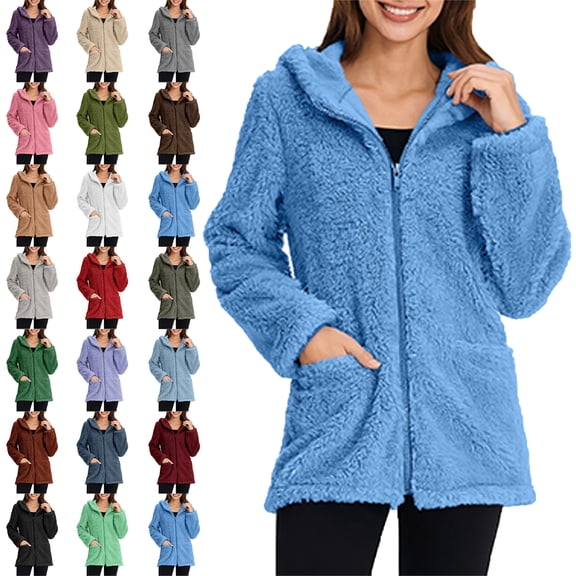 Women's Coat Solid Color Long Sleeve Casual Lapel Fleece Fuzzy Faux Shearling Zipper Hooded Coat Warm Winter Oversized Outwear Jacket Fashion Women Warm Faux Coat Jacket Winter Zipper Solid Outerwear