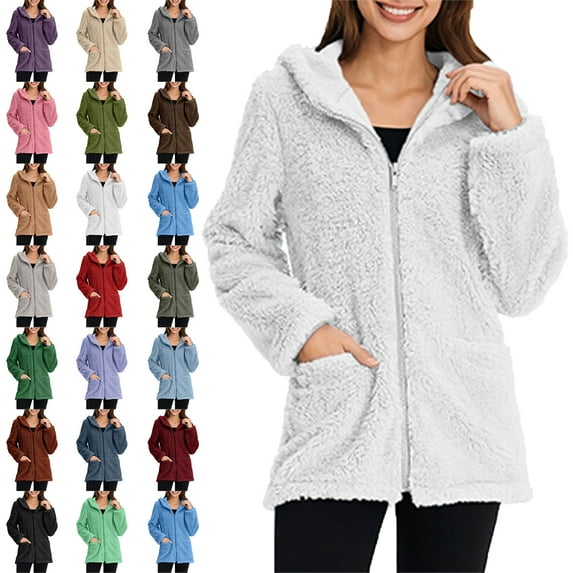 Women's Coat Solid Color Long Sleeve Casual Lapel Fleece Fuzzy Faux Shearling Zipper Hooded Coat Warm Winter Oversized Outwear Jacket Fashion Women Warm Faux Coat Jacket Winter Zipper Solid Outerwear