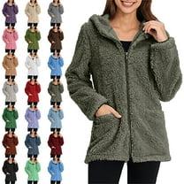 Women's Coat Solid Color Long Sleeve Casual Lapel Fleece Fuzzy Faux Shearling Zipper Hooded Coat Warm Winter Oversized Outwear Jacket Fashion Women Warm Faux Coat Jacket Winter Zipper Solid Outerwear