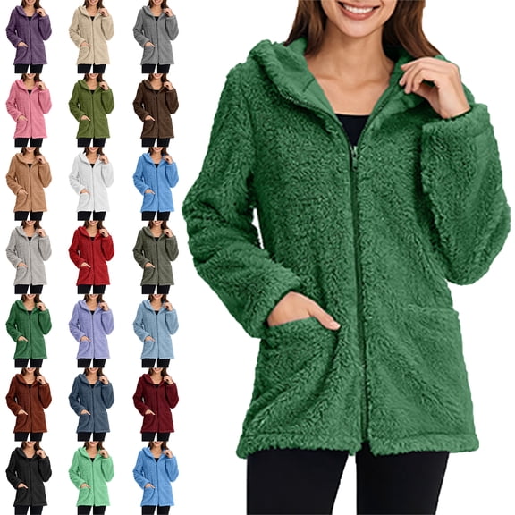 Women's Coat Solid Color Long Sleeve Casual Lapel Fleece Fuzzy Faux Shearling Zipper Hooded Coat Warm Winter Oversized Outwear Jacket Fashion Women Warm Faux Coat Jacket Winter Zipper Solid Outerwear