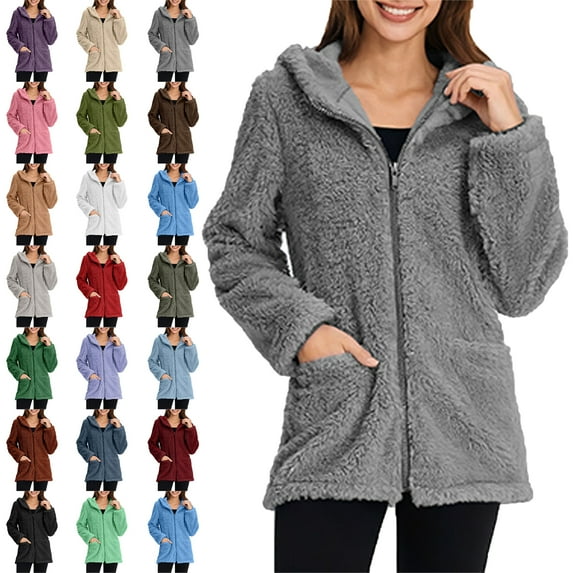 Women's Coat Solid Color Long Sleeve Casual Lapel Fleece Fuzzy Faux Shearling Zipper Hooded Coat Warm Winter Oversized Outwear Jacket Fashion Women Warm Faux Coat Jacket Winter Zipper Solid Outerwear