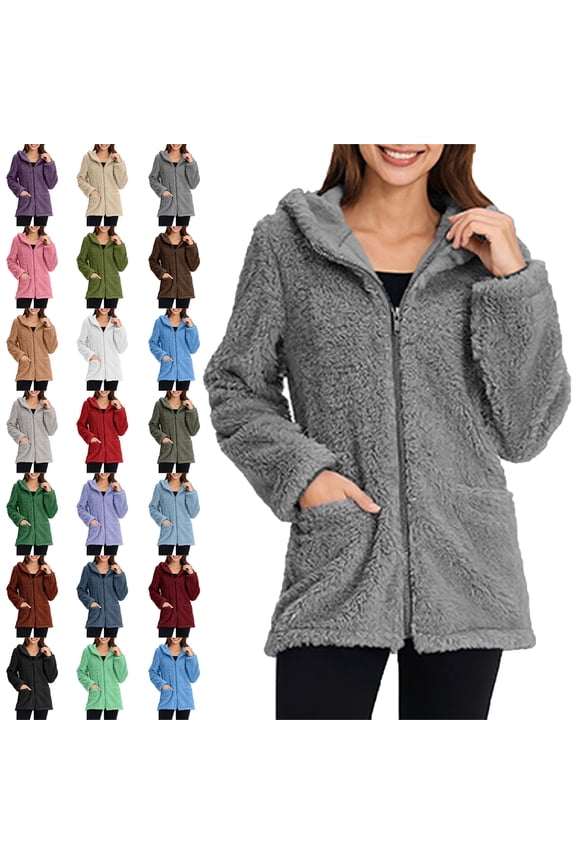 Women's Coat Solid Color Long Sleeve Casual Lapel Fleece Fuzzy Faux Shearling Zipper Hooded Coat Warm Winter Oversized Outwear Jacket Fashion Women Warm Faux Coat Jacket Winter Zipper Solid Outerwear