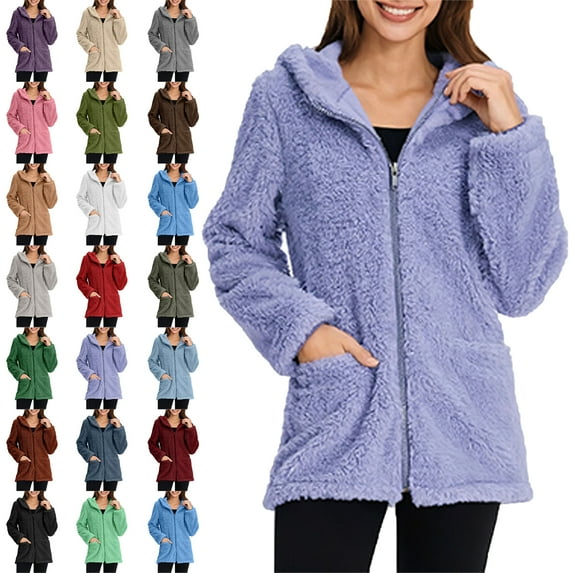 Women's Coat Solid Color Long Sleeve Casual Lapel Fleece Fuzzy Faux Shearling Zipper Hooded Coat Warm Winter Oversized Outwear Jacket Fashion Women Warm Faux Coat Jacket Winter Zipper Solid Outerwear