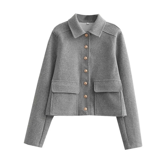 Women's Coats Lapel Cropped Jacket Button Down Casual Varsity Jacket with Pockets Gray M