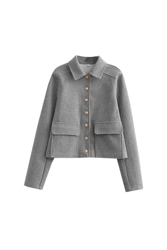 Women's Coats Lapel Cropped Jacket Button Down Casual Varsity Jacket with Pockets Gray M