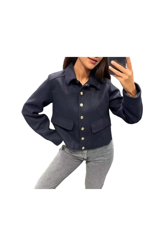 Women's Coats Lapel Cropped Jacket Button Down Casual Varsity Jacket with Pockets Navy Blue M