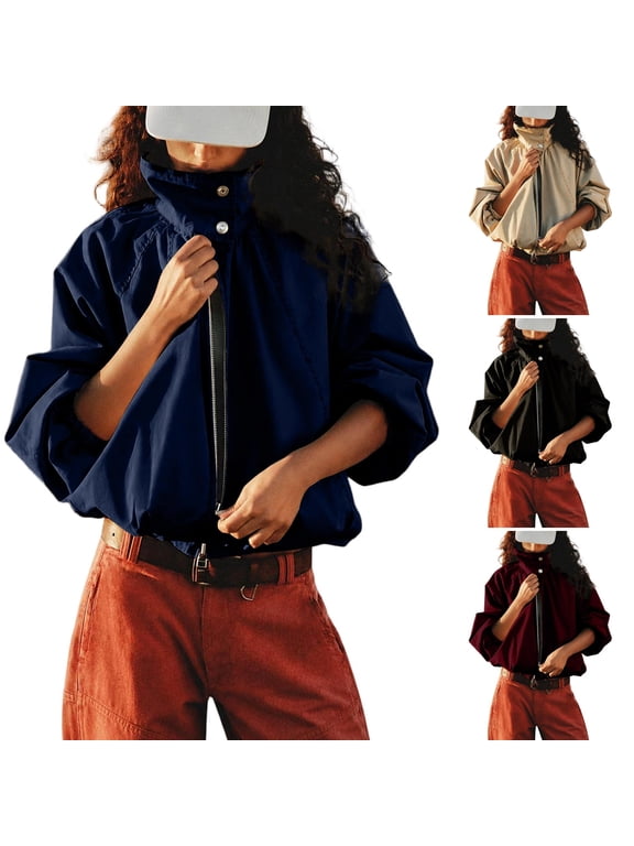 Women's Coats Long Sleeve Funnel Collar Cropped Y2k Bomber Jacket Zip Up Corduroy Casual Fall Winter 2026 Coats with Pockets Navy M