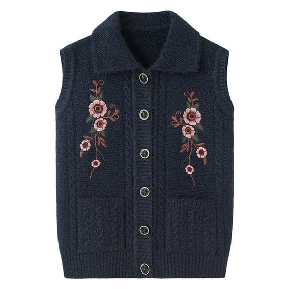 Women's Coats Plus Size Embroidery Cable Knit Sleeveless Cardigan Vest Retro Outwear,Navy,3XL