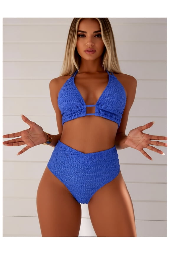 Women's Cobalt Blue Bikini Set - Textured Halter Swimsuit Ruched High Waist Two Piece Bathing Suit Cobalt Blue Size S-XXL