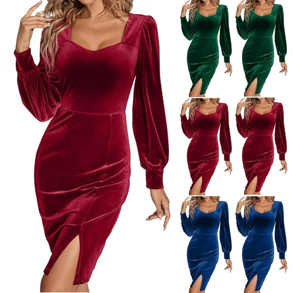 Women's Cocktail Dress Casual Long Sleeve Loose Holiday Party Dress Wedding Guest Velvet Long Dress for Winter Celebrations and Events,Dark Green,L