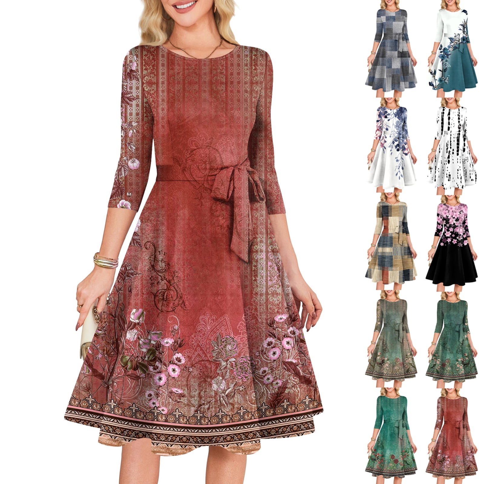 Women's Cocktail Dress Evening Dress 3/4 Sleeve Floral Print Vintage Women's Cocktail Dress Evening Dress 3/4 Sleeve Floral Print Vintage