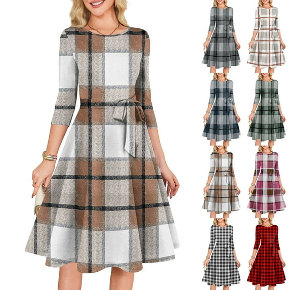 Women's Cocktail Dress Evening Dress 3/4 Sleeve Plaid Vintage Wedding Guest Dress for Party Banquet Spring Fall,Beige,L