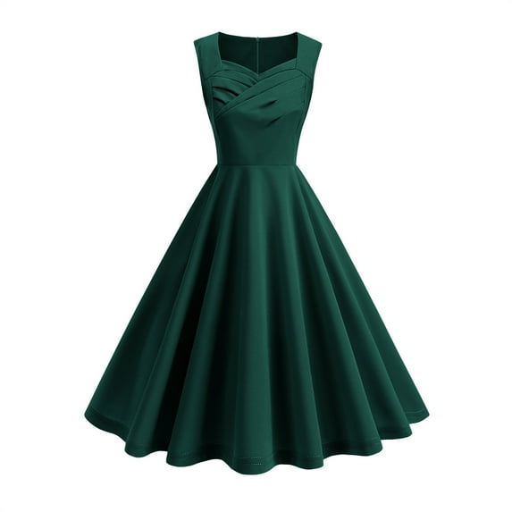Women's Cocktail Dresses 2025 Trendy Sleeveless Flowy Pleated Midi Summer Dress Green L
