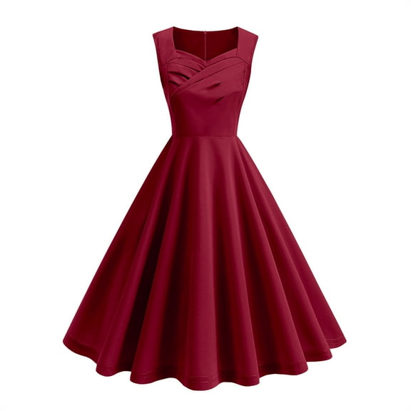 Women's Cocktail Dresses 2025 Trendy Sleeveless Flowy Pleated Midi Summer Dress Red M