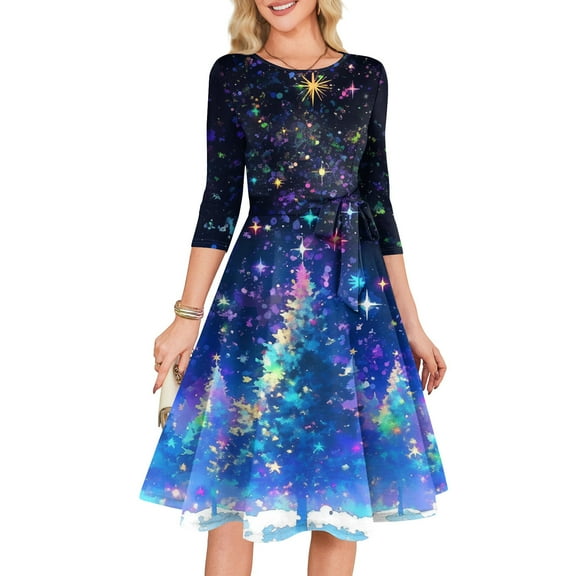 Women's Cocktail Dresses 3/4 Sleeve Vintage Wedding Guest Christmas Dress for Holiday Parties and Special Events,Blue,M