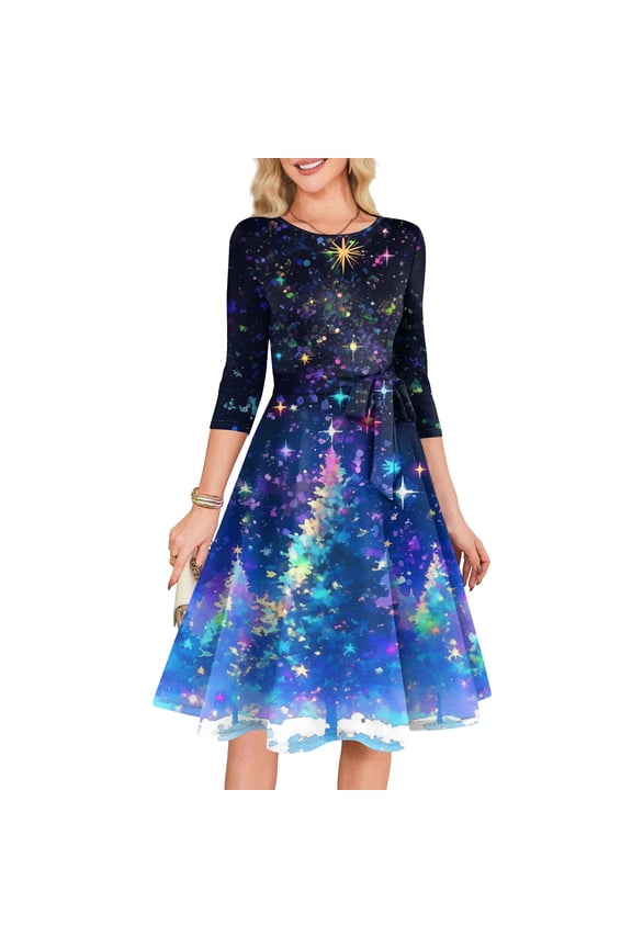 Women's Cocktail Dresses 3/4 Sleeve Vintage Wedding Guest Christmas Dress for Holiday Parties and Special Events,Blue,M