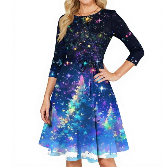 Women's Cocktail Dresses 3/4 Sleeve Vintage Wedding Guest Christmas Dress for Holiday Parties and Special Events,Blue,XL