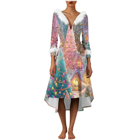 Women's Cocktail Dresses Christmas Print Faux Fur Collar Wedding Guest Dress A Line Boho Cute Flowy Midi Dress