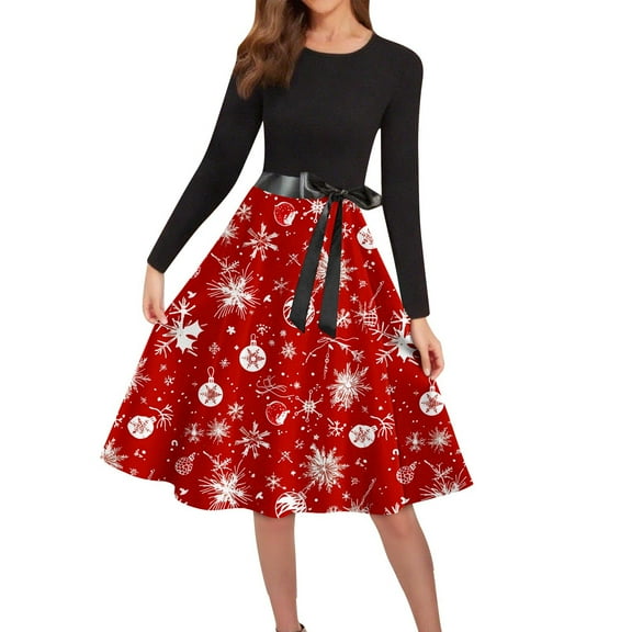 Women's Cocktail Dresses Christmas Print Wrap Long Sleeve Cocktail Dress Pleated A Line Fit and Flare Wedding Guest Dress