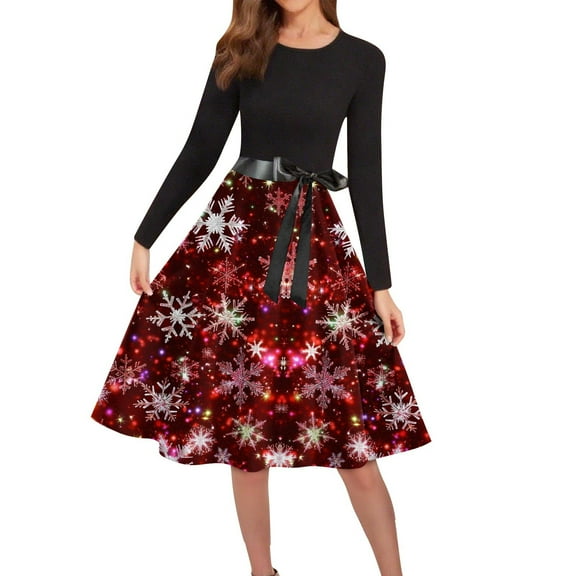 Women's Cocktail Dresses Christmas Print Wrap Long Sleeve Cocktail Dress Pleated A Line Fit and Flare Wedding Guest Dress