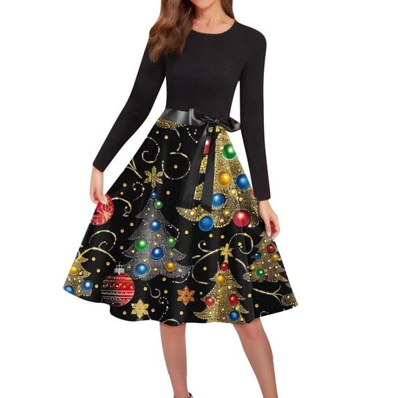 Women's Cocktail Dresses Christmas Print Wrap Long Sleeve Cocktail Dress Pleated A Line Fit and Flare Wedding Guest Dress
